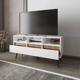 White and Natural Oak TV Stand with 3 Drawers and 3 Shelves