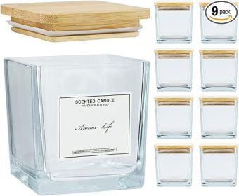 Creahaus 9-Pack Thick Glass Square Candle Jars with Bamboo Lids