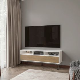 White and Natural Oak TV Stand with 2 Doors and Open Storage