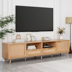 Rattan TV Stand for TVs up to 85'', Modern Farmhouse Media Console, Entertainment Center with Solid Wood Legs, TV Cabinet for Living Room,Home Th