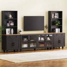 ON-TREND Farmhouse TV Stand with Solid Wood Gourd-Shaped Legs for TVs Up to 70", Entertainment Center with Bookshelves & Tempered Glass Doors