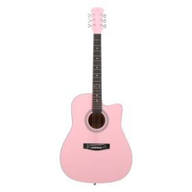 Pink 41-inch Dreadnought barrel-shaped cutaway acoustic guitar with pick, strings, capo, gig bag, tuner, wrench tool, and shoulder strap