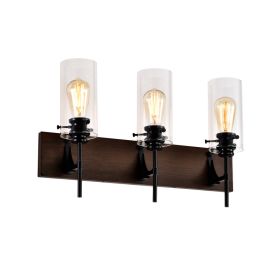 3-Light Matte Black Wood Color Bathroom Light Fixtures, Modern Vanity Lights With Glass Shade, Vintage Light Fixture Bathroom Over Mirror Wall Li (Option: Wood)