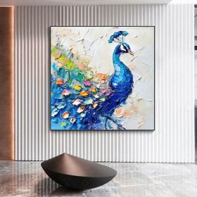 Hand Painted Peacock Oil Painting Bird Original Art Rustic Animals Impasto Artwork Textured Wall Art Decor For Home Spring Gifts Colorful Paintin (style: 01, size: 80x80cm)